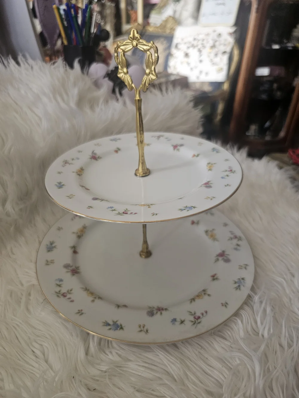 Gold-Handled White Floral Two-Tier Serving Stand